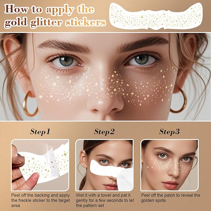 6 Pcs Glitter Freckles Face Tattoo,Waterproof Makeup Patches,Face Glitter Speckles Patches,Glow Up Makeup Patches,Cosmetic Glitter for Face - Cute Glitter Makeup Accessories for Women - Gold