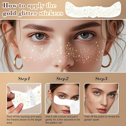 6 Pcs Glitter Freckles Face Tattoo,Waterproof Makeup Patches,Face Glitter Speckles Patches,Glow Up Makeup Patches,Cosmetic Glitter for Face - Cute Glitter Makeup Accessories for Women - Gold