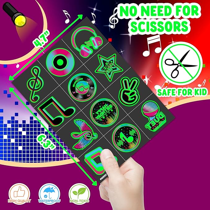 (96PCS) Music Note Notes Musical Motivational Pre-Cut Temporary Tattoos for Kids Birthday Themed Party Supplies Decorations Favors Super Cute Instrument Stickers Tattoo (Luminous)