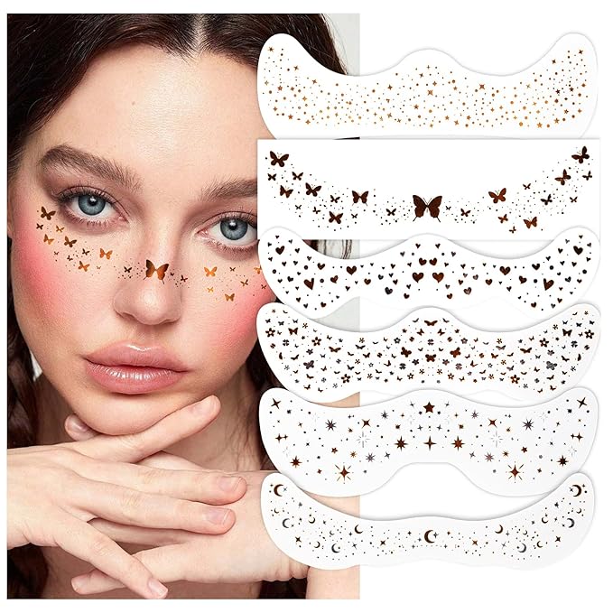 6pcs Gold Face Makeup Patches, Glitter Face Freckles,Waterproof Face Glitter Speckles Patches,Sliver Fake Freckle for Party Makeup