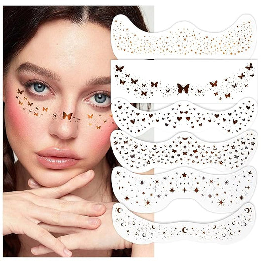 6pcs Gold Face Makeup Patches, Glitter Face Freckles,Waterproof Face Glitter Speckles Patches,Sliver Fake Freckle for Party Makeup