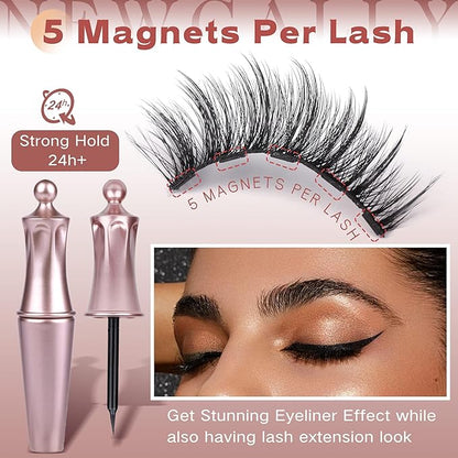 Newcally Magnetic Eyelashes with Eyeliner Kit Reusable Wispy Lashes Natural Look Magnetic Lashes Kit C-curly No Glue Needed 5 Pairs False Lashes with Magnetic Eyeliner & Tweezers