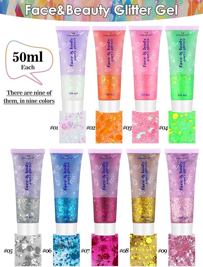 9Colors Face Body Glitter Gel, TOROKOM Sparkling Holographic Face Glitter Gel Mermaid Cosmetic Glitters Flakes Gel Long Lasting Chunky Glitter for Valentine's Day Party Rave Eye Lip Hair Nail Body