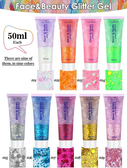 9Colors Face Body Glitter Gel, TOROKOM Sparkling Holographic Face Glitter Gel Mermaid Cosmetic Glitters Flakes Gel Long Lasting Chunky Glitter for Valentine's Day Party Rave Eye Lip Hair Nail Body