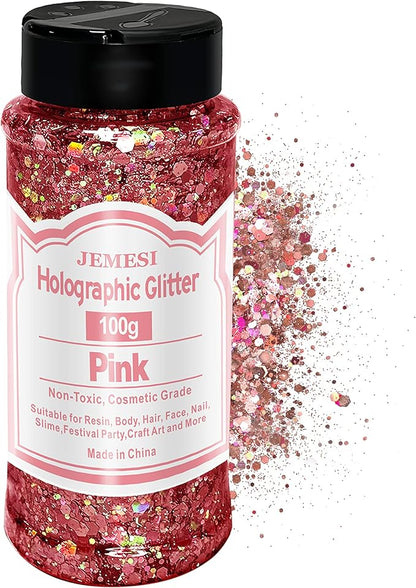 Holographic Chunky Glitter, 100g Pink Cosmetic Craft Glitter for Epoxy Resin, Nail Sequins Iridescent Flakes, Body, Face, Hair, Nail, Glitter Slime Making
