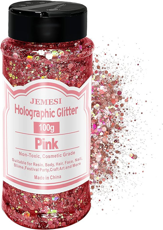 Holographic Chunky Glitter, 100g Pink Cosmetic Craft Glitter for Epoxy Resin, Nail Sequins Iridescent Flakes, Body, Face, Hair, Nail, Glitter Slime Making