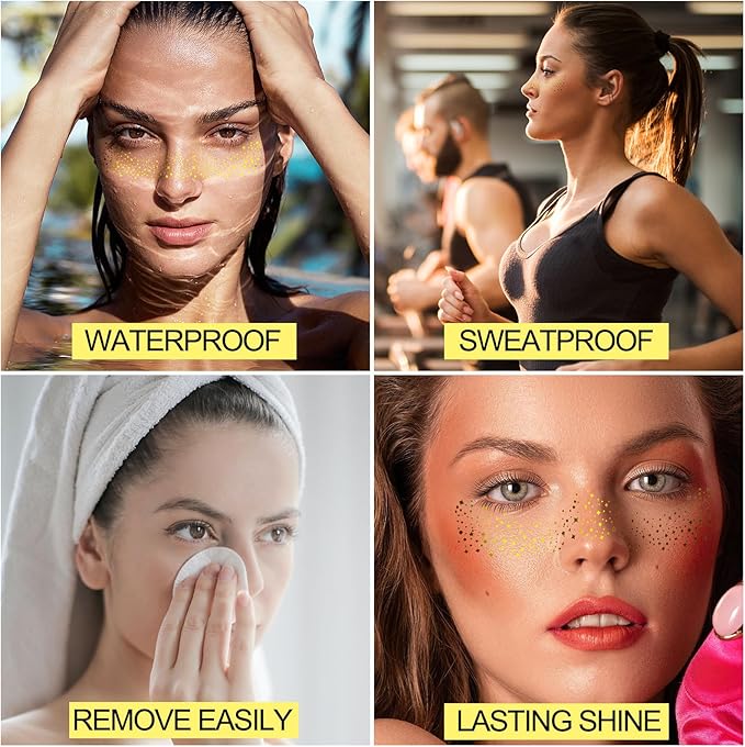 10 Pcs Face Glitter Freckles Patches, Gold Sparkle Face Makeup Patches, Long-lasting Waterproof for Women