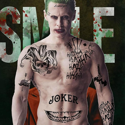 6 Sheets Halloween Joker Tattoo Sticker Decals, Damaged Joker Temporary Tattoos For Men Women Adults, Halloween Face HQ Tattoos Clown, Rave Party Accessories Costume Gothic Fake Tattoo Set