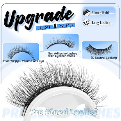 Natural Self Adhesive Eyelashes Pre Glued Lashes Cat Eye Reusable Self Adhesive Lashes No Glue Needed Press On Lashes without Eyeliner D-curly Wispy Strip False Eyelashes Natural Look by YDAGKH