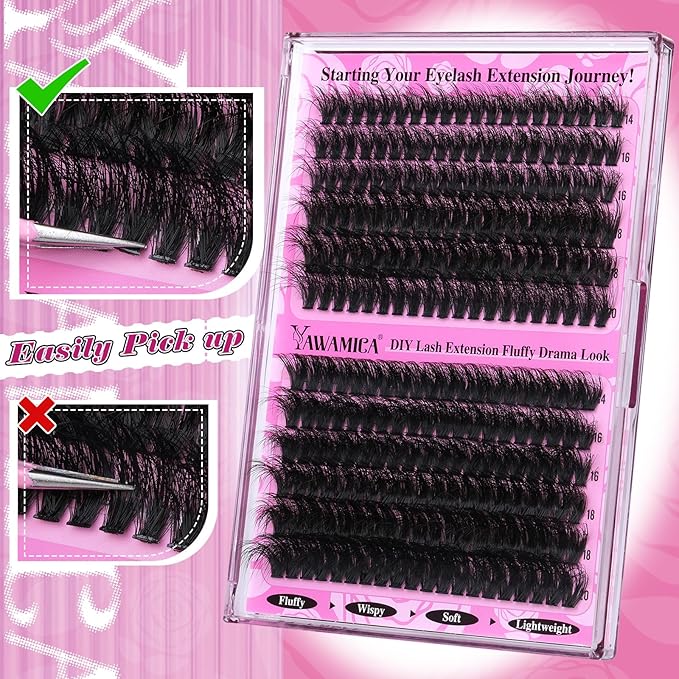 Yawamica Wispy Individual Lashes Clusters Fluffier Eyelash Extension 150D+200D Thick Volume Eyelash Clusters 14-20mm D Curly Clusters Lashes 240pcs DIY Lash Extension for Beginners