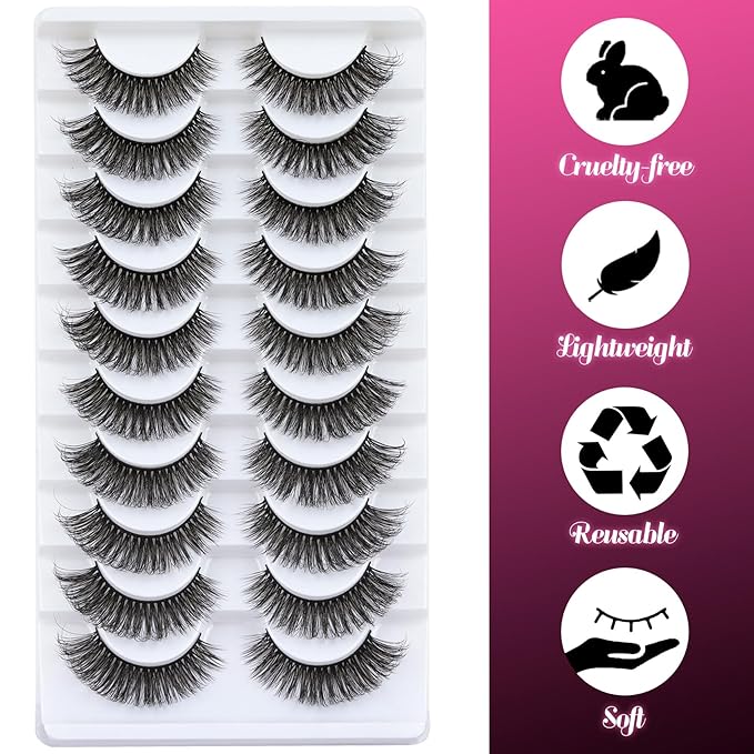 Ahrikiss Russian Strip Lashes Fluffy Wispy Faux Mink Lashes D Curl False Eyelashes Fluffy Wispy 10 Pairs Pack (D01)