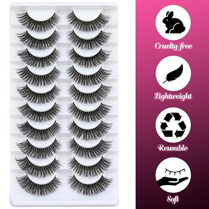 Ahrikiss Russian Strip Lashes Fluffy Wispy Faux Mink Lashes D Curl False Eyelashes Fluffy Wispy 10 Pairs Pack (D01)