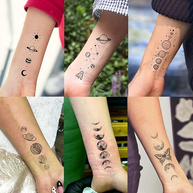 15 Sheets Realistic Space Planets Chain Temporary Tattoos For Women Men Arm Neck, Butterfly Solar System Moon Sun Star Fake Tattoo Sticker, Small Universe Tatoos Kids Girls Boys Forearm Body
