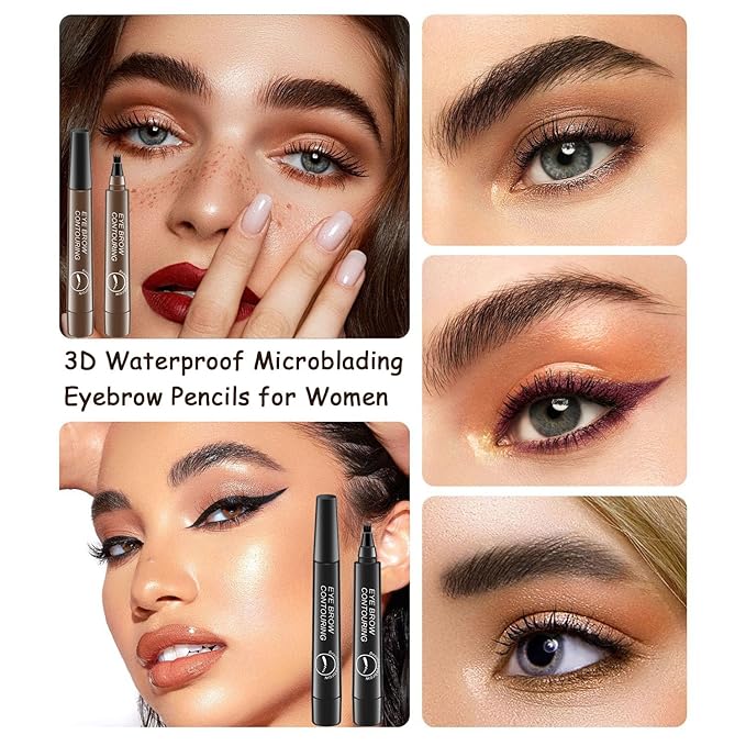 3 Color-Magic Eyebrow Pencil, 3D Waterproof Microblading Eyebrow Pen 4 Fork Tip Tattoo Pencil, Dark Brown Black Medium Brown Eyebrow Pencil for Women Creates Natural Looking Brows (3 Color)