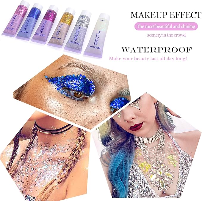 Face Glitter Gel, 2 Jars Holographic Chunky Glitter Makeup for Body, Hair, Face, Nail, Eyeshadow, Long Lasting and Waterproof Mermaid Sequins Liquid Glitter Total 6 Colors Available (Silver & White)