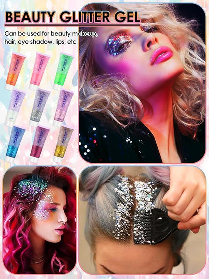 9Colors Face Body Glitter Gel, TOROKOM Sparkling Holographic Face Glitter Gel Mermaid Cosmetic Glitters Flakes Gel Long Lasting Chunky Glitter for Valentine's Day Party Rave Eye Lip Hair Nail Body
