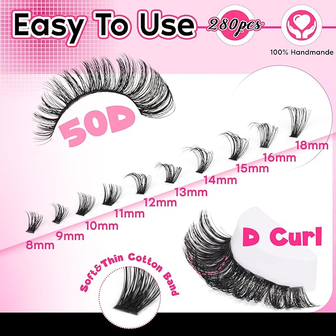 FANXITON Lash Clusters 280 Pcs Wispy Lash Clusters D 8-18 MM Mix Volume Thick Eyelash Clusters 50D Long Individual Eyelash DIY Lash Extensions at Home(50D)