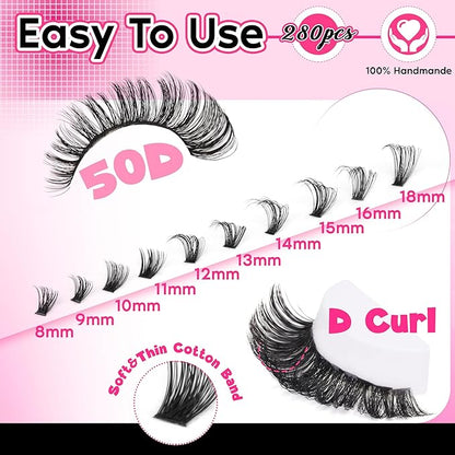 FANXITON Lash Clusters 280 Pcs Wispy Lash Clusters D 8-18 MM Mix Volume Thick Eyelash Clusters 50D Long Individual Eyelash DIY Lash Extensions at Home(50D)