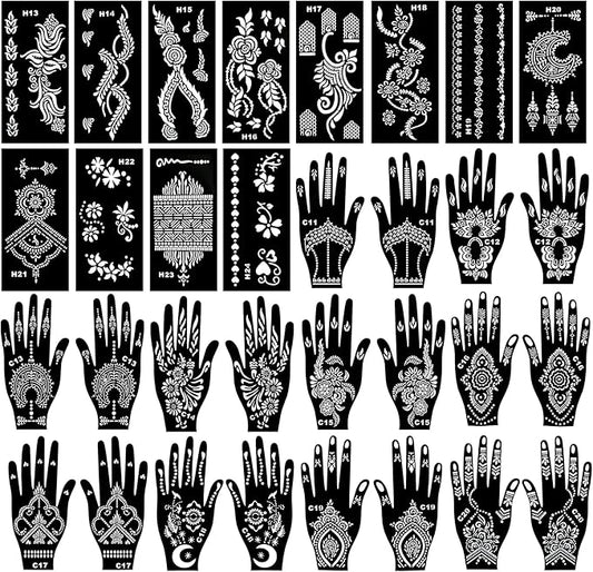 Henna Tattoo Stencils Kit, 12-Sheet Flower Henna Stencils for Hand Forearm Leg Body Glitter Airbrush DIY and 20-Sheet Henna Stencils for Hands Reusable