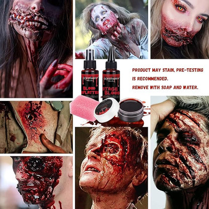 COKOHAPPY 4PCS Fake Blood Kit Halloween Makeup - Coagulated Blood 1.05oz + Fake Blood Spray 1.76oz + Stage Blood 1.76oz, Realistic Washable Special Effects SFX Makeup Set, for Zombie Vampire Monster