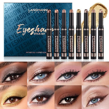 BestLand 8 Pcs Cream Eyeshadow Stick, Highlighter Makeup Stick Set Long-Lasting Waterproof, Crease-proof, Blendable Eye Shadow Applicator Sticks Eyeliner Pen Eye Makeup (Color Set B)