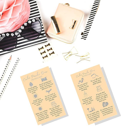 Ombre Powder Brow Aftercare Instructions Cards | Package of 50 | Double Sided Size 2x3.5" inches Business Card | Tan with Silver Glitter Look Design