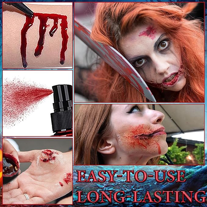 3Pcs Fake Blood Halloween Special Effects SFX Makeup Kit,Fake Blood Spray Makeup,Coagulated Blood Realistic Dripping Fake Blood Washable for Clothes Zombie Vampire Cosplay Costume Monster