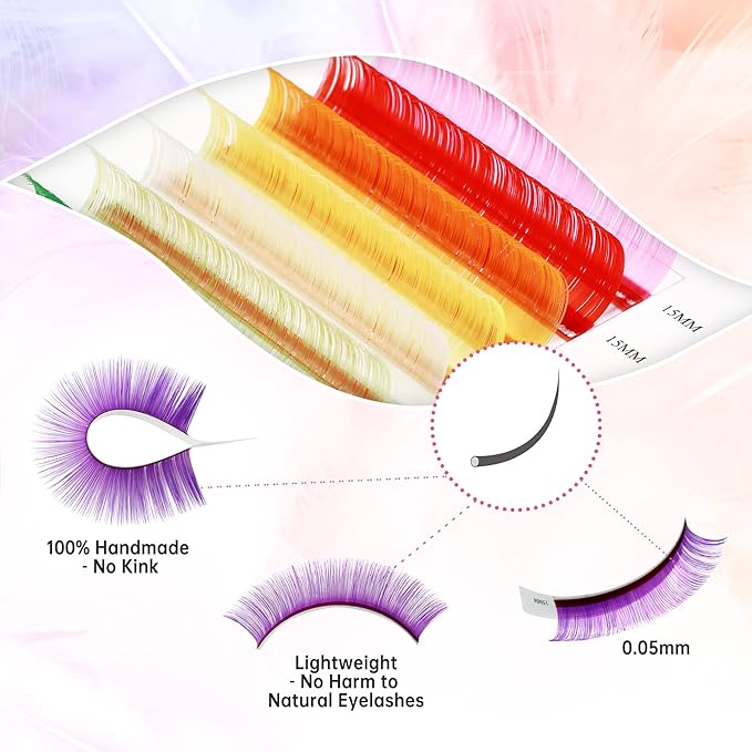 Beauty7 Colored Lash Extensions Rainbow Classic D+ Curl 0.05mm Thickness 15mm Dramatic Eyelashes Ombre 12 Colors