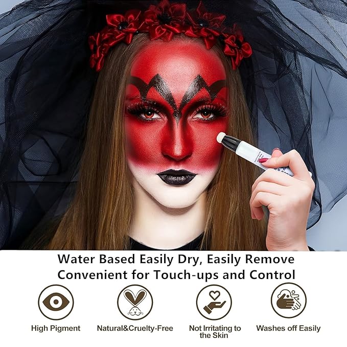 Go Ho Red Black and White Face Body Paint Sticks,Water Based Washable Easily,Smooth and Full Coverage for Halloween Costumes Cosplay SFX Skull Vampire Zombie Clown Makeup