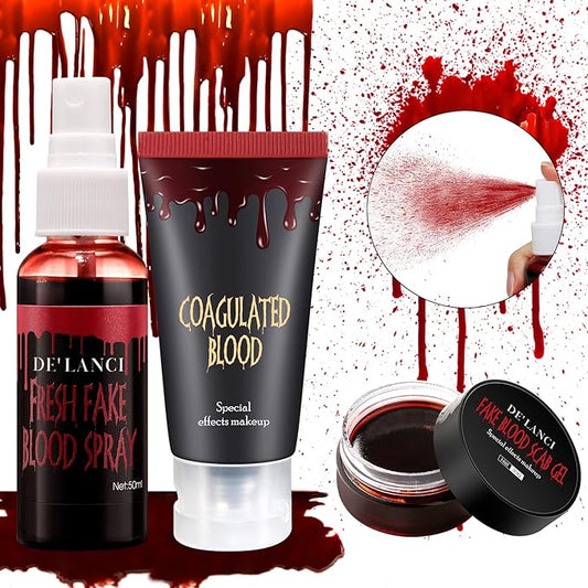 Halloween Fake Blood Makeup Kit - Edible Fake Blood Gel 1.06oz + Fake Blood Spray 1.76oz + Coagulated Blood 1.06oz, Realistic Washable Special Effects SFX Makeup Set for Zombie Vampire Monster Cosplay