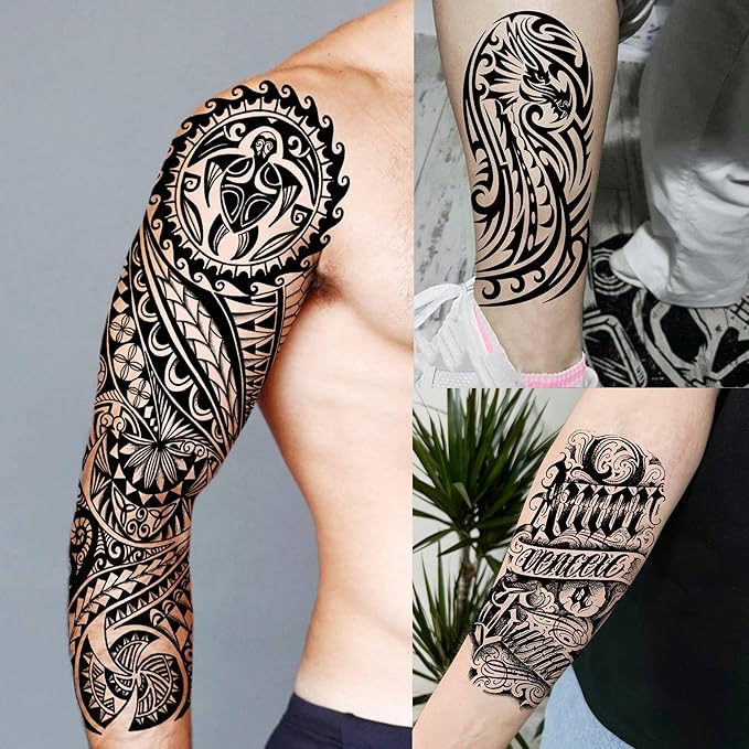 20 Sheets Maori Full Arm Sleeve Temporary Tattoos For Men Women Thigh, Fake Tattoo Sleeve For Adults, Tribal Indian Long Lasting Halloween Black Turtle Maori Tattoo Stickers Faith Belief Totem Armband