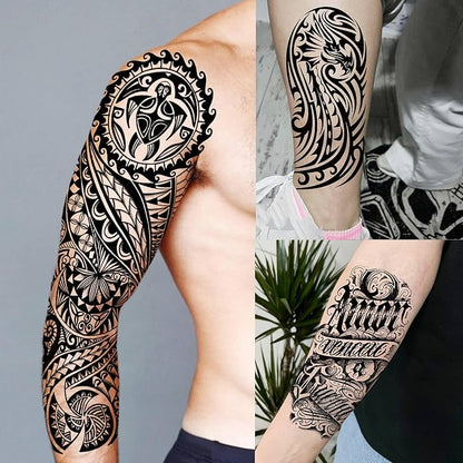 20 Sheets Maori Full Arm Sleeve Temporary Tattoos For Men Women Thigh, Fake Tattoo Sleeve For Adults, Tribal Indian Long Lasting Halloween Black Turtle Maori Tattoo Stickers Faith Belief Totem Armband