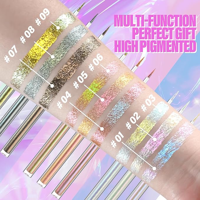 Multichrome Liquid Eyeshadow Set,3 Colors Multi-Dimensional Eye Liner Makeup,High Pigment Waterproof Metallic Eyeshadow,Ultre Fine Tip Glitter Eyeshadow (07 bronzer+08 armor+09 gold)