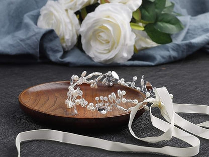 Kercisbeauty Wedding Bridal Headband with Pearl Headpiece for Women Girls Prom Headpiece Vintage Boho Tiara Bridesmaid Hair Accessories(Silver)