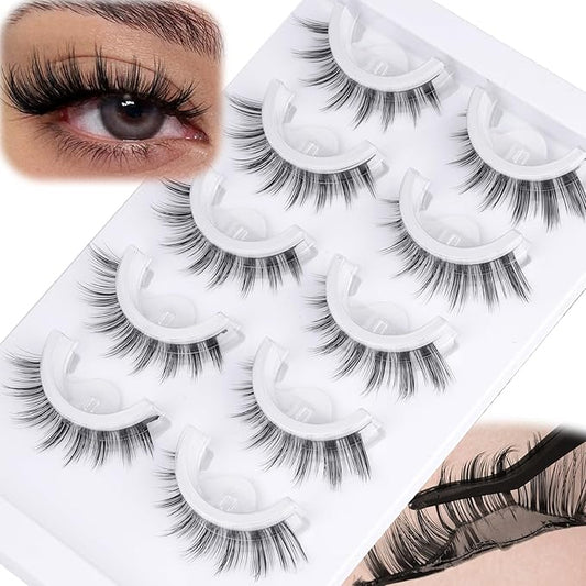 Self Adhesive Lashes Manga Lashes Natural Look Press On Lashes No Glue Needed Reusable Self Adhesive Eyelashes without Eyeliner Clear Band Anime Lashes Short 8-15mm Cat Eye Pre Glued Strip Lashes