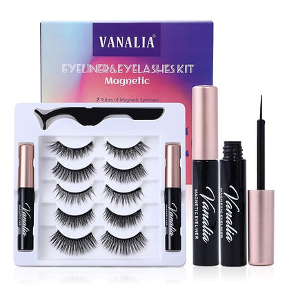 Magnetic Eyelashes with Eyeliner,Magnetic Eyelashes and Lashes Kit,3D 5D False Lashes, 5 Pairs with Tweezers, Easy to Wear-No Glue Needed