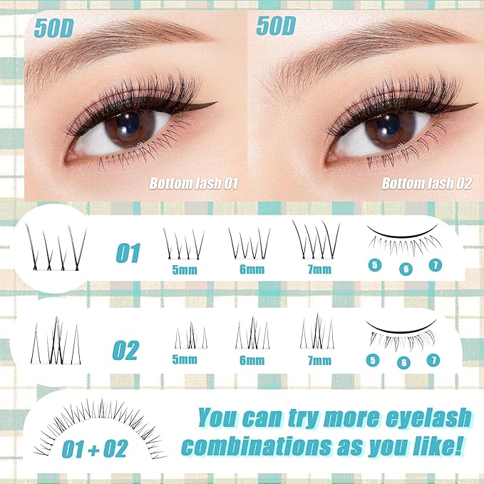 Lash Clusters Kit with Bottom Lashes, Lash Extension Kit With 30D40D50D60D Fluffy Upper Wispy Lash Clusters & 2 Type Bottom Lash Clusters,EyeLash Extension Kit with Black Bond & Clear Glue 2 In 1