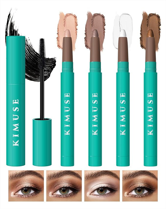 KIMUSE Eyeshadow Stick + Liquid Mascara Kit, Lightweight, Long Lasting, Crease-Proof, Smudge-Proof Eye Makeup Set