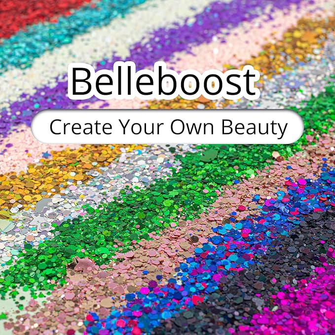 4 Colors of Holographic Chunky Glitter with Quick Dry Glue Pack 5, 4 Pots Total 40g Multi-Shaped for Body Hair Face Eyes Make-up, Nail Art and Bedazzling in Party/Concert/Events Glitter