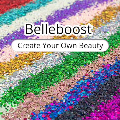 2 Colors of Holographic Chunky Glitter with Quick Dry Glue Pack 3, 4 Pots Total 40g Multi-Shaped for Body Hair Face Eyes Make-up, Nail Art and Bedazzling in Party/Concert/Events Glitter
