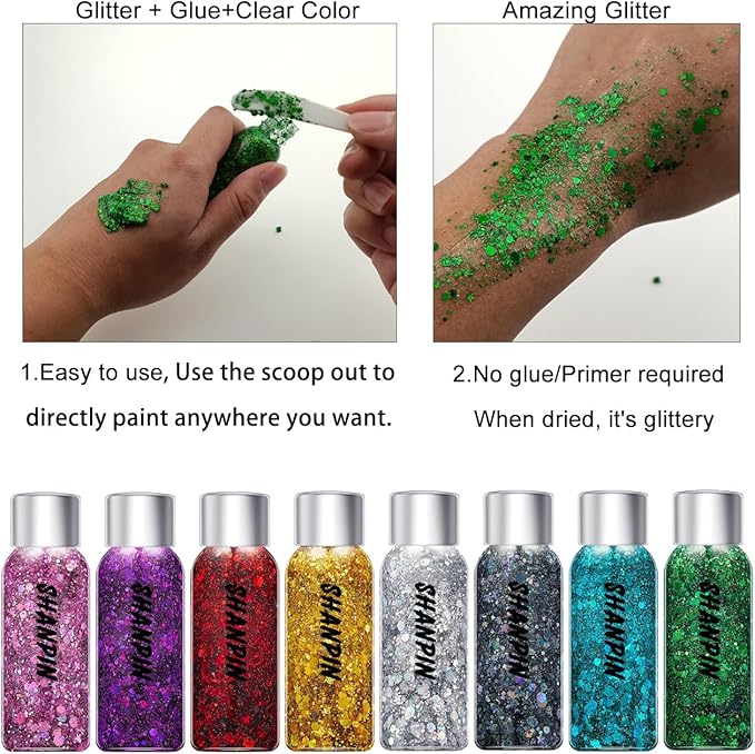 SHANPIN Gold Body Glitter, Chunky Glitter Gel Makeup for Face Hair Nails, Sparkling Mermaid Sequins for Women Face Body Glitter Gel, Glitter Face Paint for Women Rave Festival