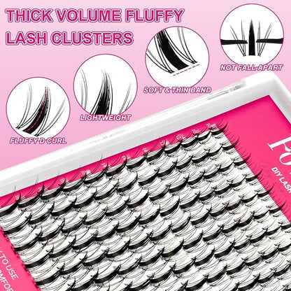 Fairy Lash Clusters Kit Fluffy Individual Lashes D Curl Cluster Eyelash Extensions 10-18mm DIY Lash Extension Kit Lash Bond and Seal Waterproof, Lash Applicator, Fairy-Kit