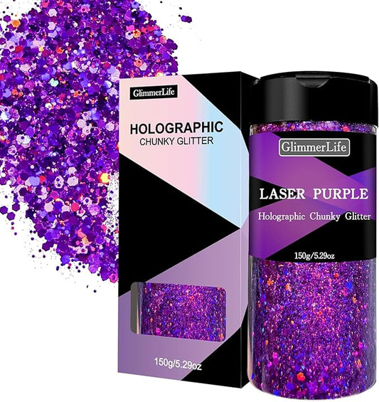 GlimmerLife Purple Chunky Glitter 150G/5.29OZ Glitter, Holographic Chunky Glitter Sequin Flake Bulk, Craft Glitter for UV Resin, Nail Glitter for Face, Body, Eye, DIY Halloween Decorations