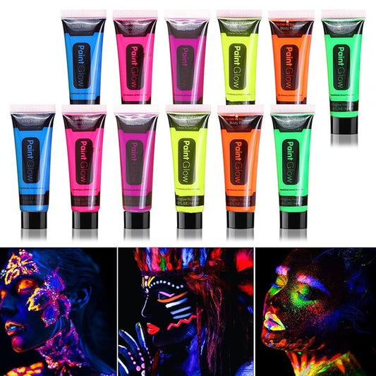 12 PCS Glow Body Paint Set,Glow in Dark Face Glitter Paint Body Glow Powder Neon Party Supplies Facial Highlighter Kits for Adults&Kids,Body Makeup
