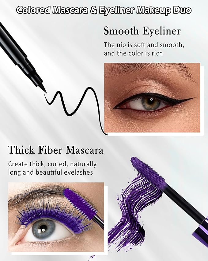 White Waterproof Mascara & Eyeliner, Fiber Lash Extension Colored Tube Mascara Volume and Length, Long Wear Smudge-Proof Voluminzing Colorful Máscara and Liquid Eyeliner Pen Christmas Kit for Women
