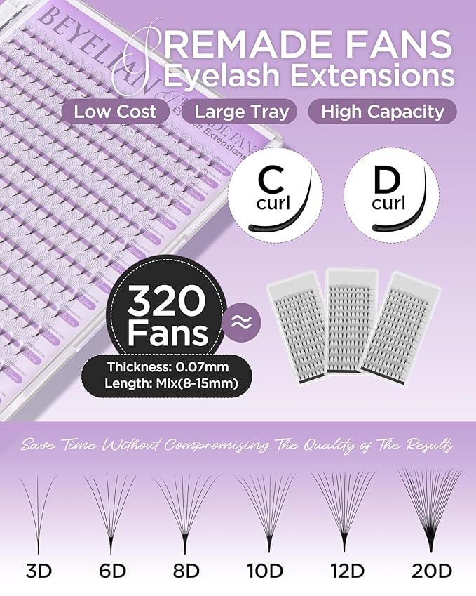 BEYELIAN Premade Lash Fans, 320 Fans Pre Made Fans Volume Lash Extensions 3D 6D 8D 10D 12D 20D 0.07 C/D Curl Save Time Eyelash Extensions for Professional Salon, 8-15mm MIX Easy to Use (8D-0.07-D)