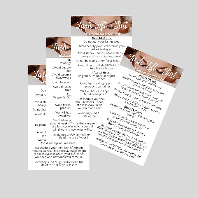 Lash Lift + Tint Aftercare Instruction Cards | 50 Pack | 2 x 3.5” inches Business Card Single Side | Eyelash Lift and Tint Kit at home diy aftercare supplies | White with Lash Photo Design