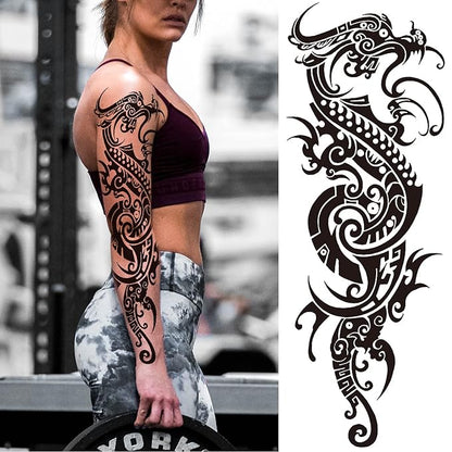 Totem Fake Tattoos Sleeve For Men Women, Full Arm Tribal Polynesian Temporary Tattoo Sleeves Adult, Large Black Hawaiian Viking Dragon Temp Tatoo Sticker Leg Body Art Makeup, 8-Sheet