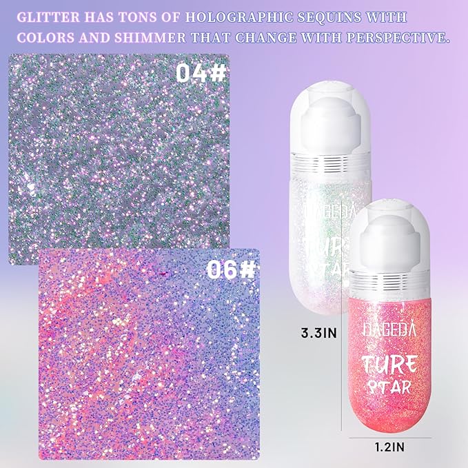 DAGEDA 2Colors Roll-on Body Glitter Gel for Body, Hair, Face, Holographic Glitter Makeup for Rave Accessories, Body Shimmer Hair Glitter Gel for Halloween Makeup(Sparkling Pink+Pink)