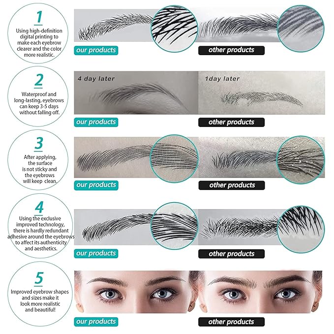 Black Eyebrows Tattoo 6 Sheets, Hair-like Popular Fake Eyebrows Waterproof Long-lasting 3-5 days 4D Realistic Makeup Tattoo, Eyebrow Transfer Sticker for Women Girls